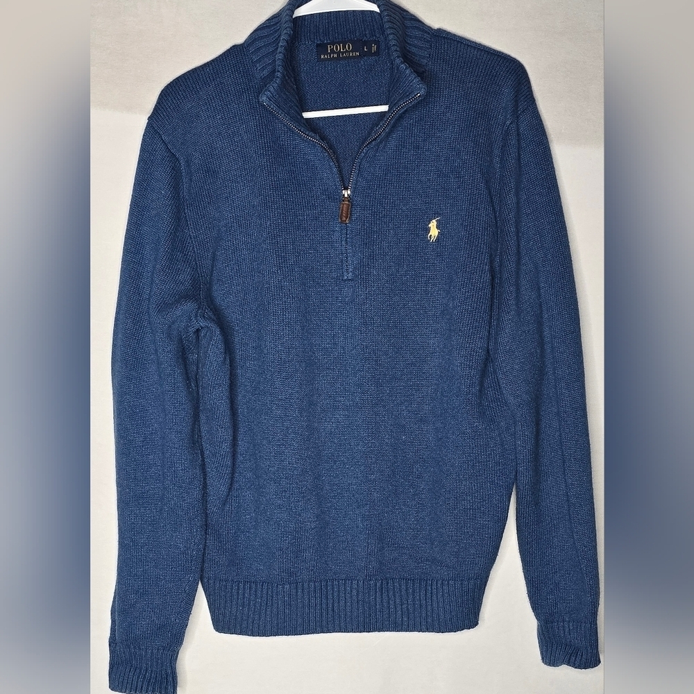 Polo Ralph Lauren Men's Blue Mock Neck 1/4 Zip Knit Sweater Large 100% Cotton